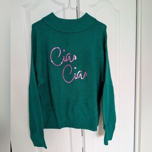 a new day Teal Sweater with Pink Sequin Script